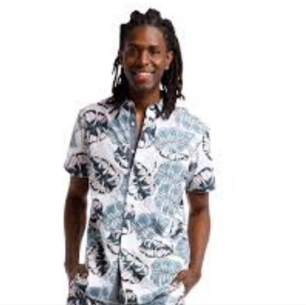 Free Planet Tropical Hawaiian Shirt Button Down Short Sleeve Blue Pink‎ Leaf